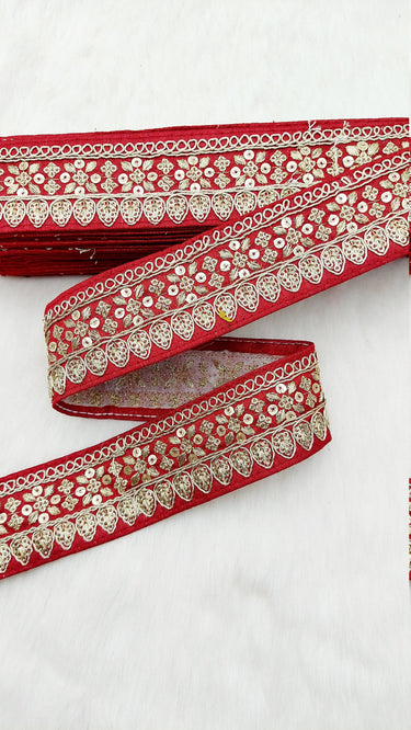 Maroon Red Art Silk Fabric Trim With Gold Floral Embroidery, Floral Sequins Sari Border, Trim By 9 Yards